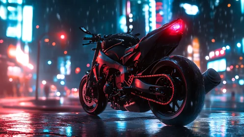 Neon city streets cradle a lone futuristic night rider.