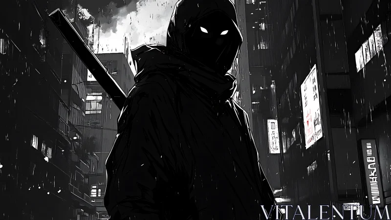 Hooded figure with sword in rain-soaked urban alleyway.