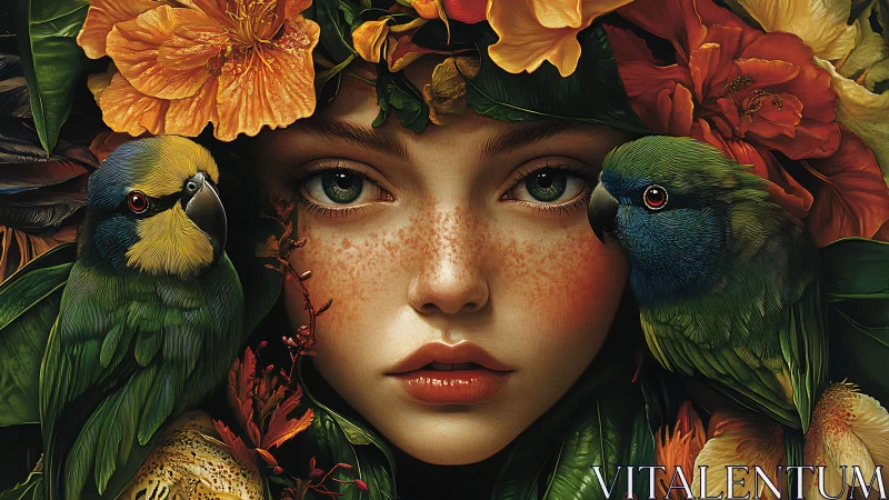 Freckled female portrait framed by parrots and flowers.