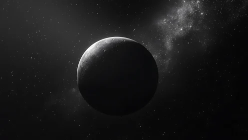 Lonely moon drifts in monochrome space beside soft nebula