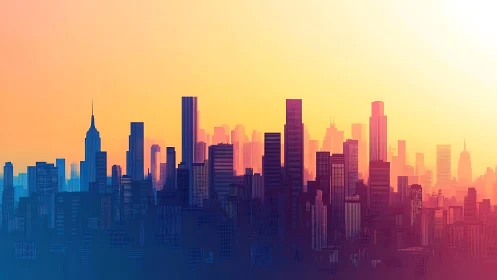 Urban skyline silhouette under gradient sunset sky.