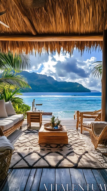 Tropical waterfront lounge under thatched roof with island view.