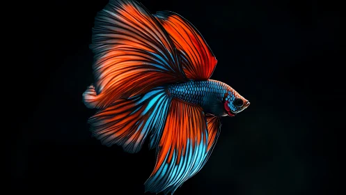 Radiant betta fish glides through a dramatic dark void