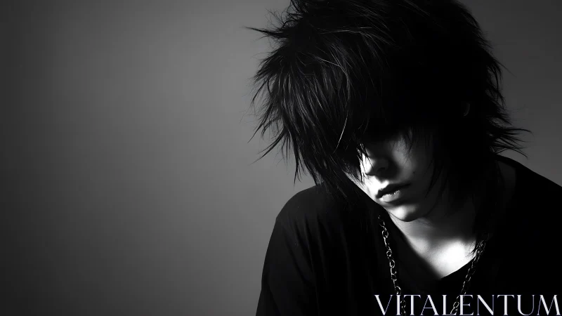 Shadow-draped emo portrait in stark monochrome hush.