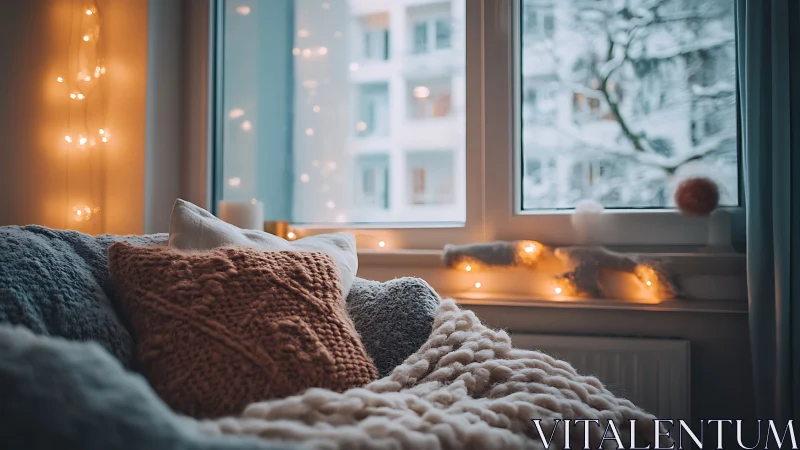 Cozy winter window nook with knitted pillows and lights.