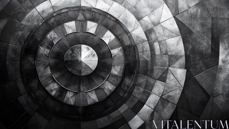 Concentric metallic geometric pattern in grayscale composition.