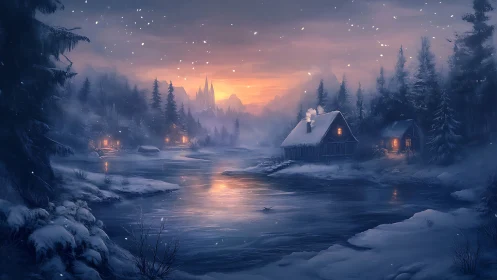 Snow-laden riverside cabins under volumetric dusk light and haze