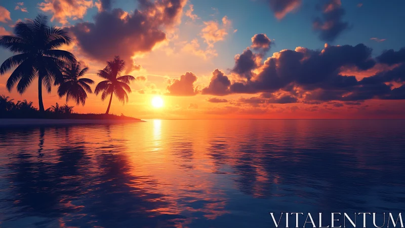 Tropical ocean sunset with vivid sky and palm silhouettes.