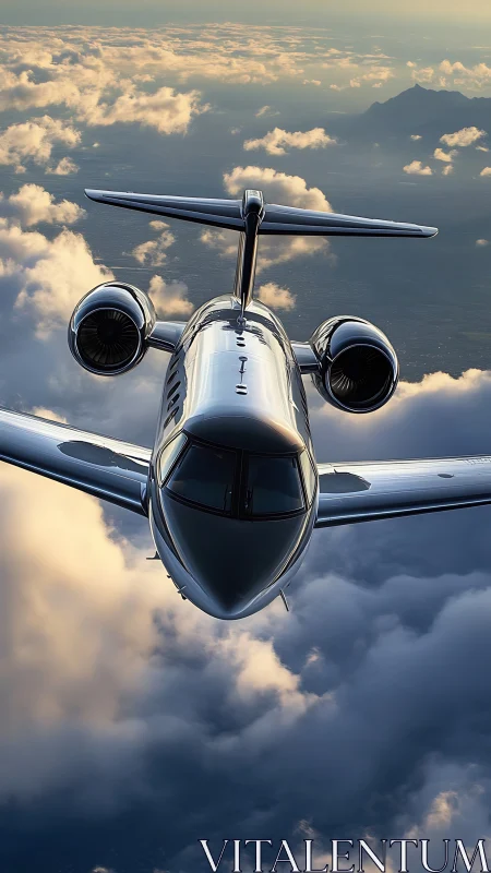 Sleek private jet cruising softly above glowing clouds.