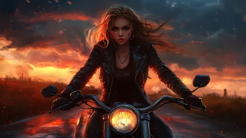 Woman on motorcycle under stormy sunset sky on roadway.