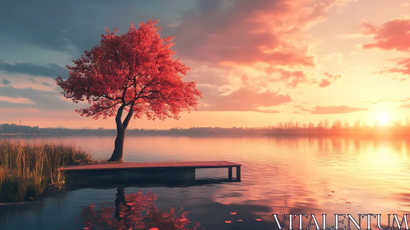 Solitary lakeside tree and wooden pier at low sun angle