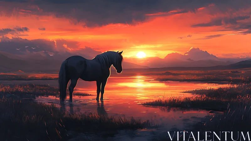 Solitary horse watches a blazing river of sunset light.
