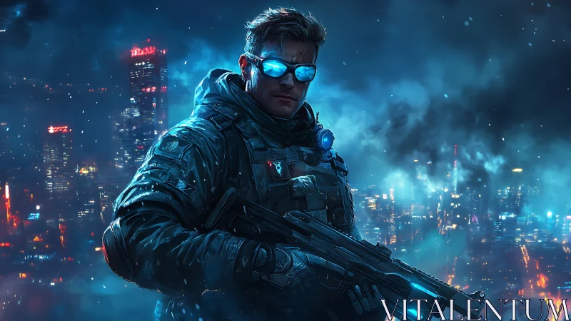 Futuristic soldier with rifle in neon lit cyberpunk city.