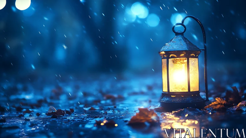 Metal lantern on wet ground under blue evening rain light.