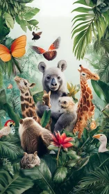 Jungle cuddle council of curious animals in lush green hush.