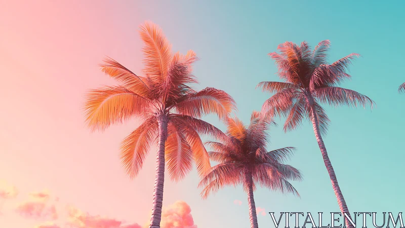 Gradient-lit palm trees under stylized cyan-magenta tropical sky