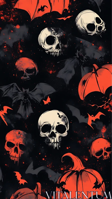 Skulls, bats, pumpkins form vivid red and black horror pattern.