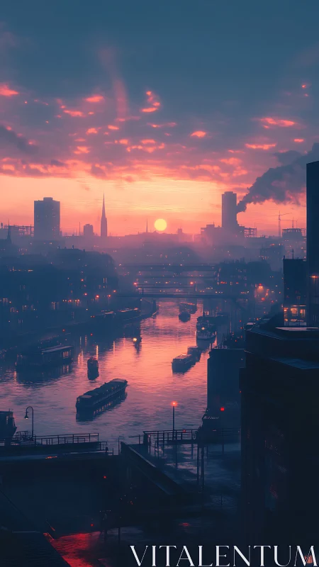 Sunset-lit industrial river city glows in misty evening.