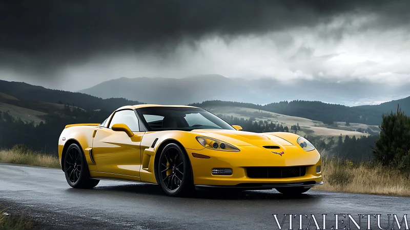 Yellow performance coupe parked on wet mountain road under storm clouds