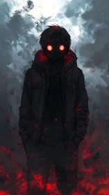 Hooded figure with red glowing eyes in smoke and embers.