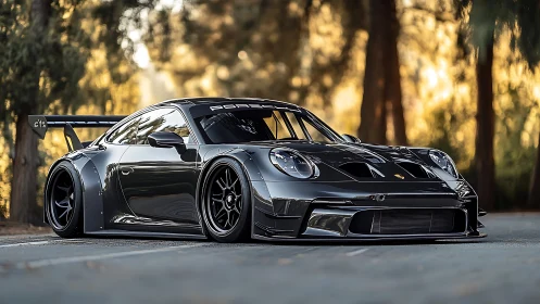 Low-slung black track-focused coupe is parked on a road