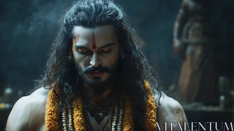 Divine warrior in meditation beneath temple shadows.