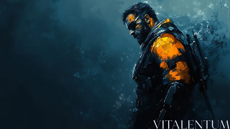 Digital painting of tactical soldier in high-contrast chiaroscuro profile.