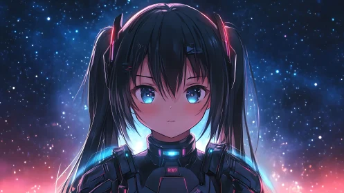 Cybernetic anime girl stares forward against glowing starscape