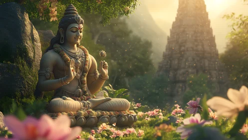 Lotus-lit Shiva statue greets dawn in a golden forest shrine