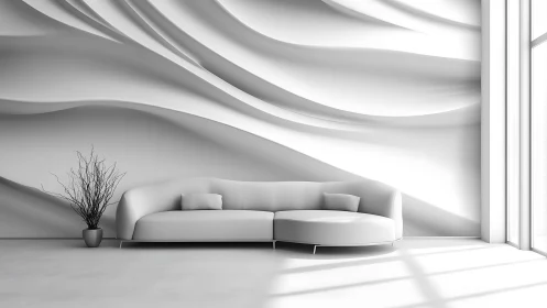 Minimalist white lounge with sculpted wave wall relief.