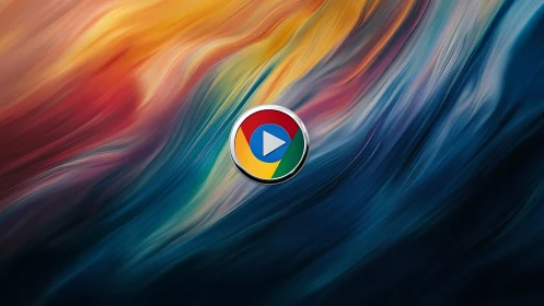 Color-swept abstract waves frame a central play button icon.