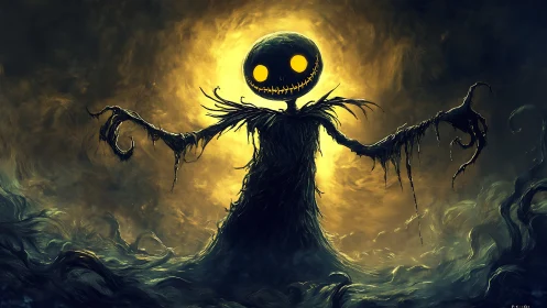 Digital painting of eerie scarecrow silhouette against moonlit vortex.