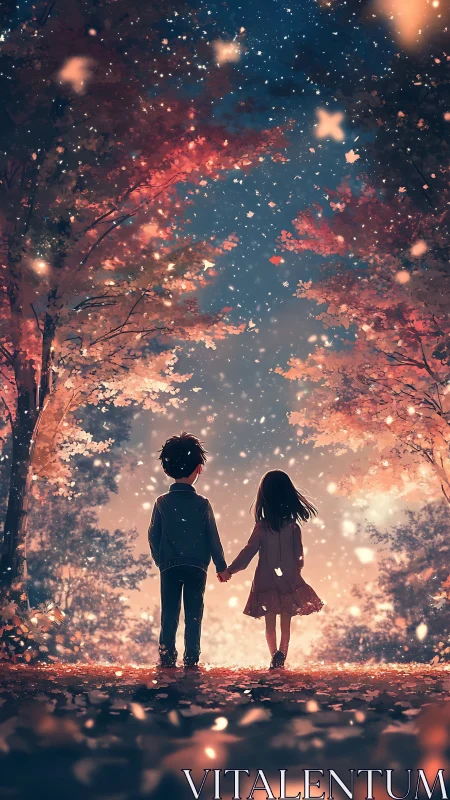 Children stand beneath luminous autumn canopy at twilight