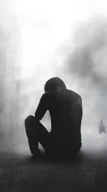Silhouette of seated person viewed from behind in fog