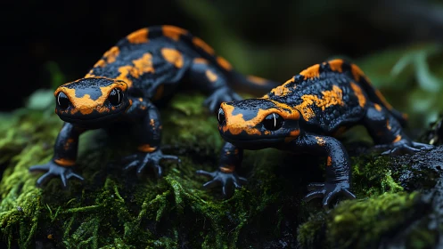Bright salamander duo exploring a soft mossy forest home.