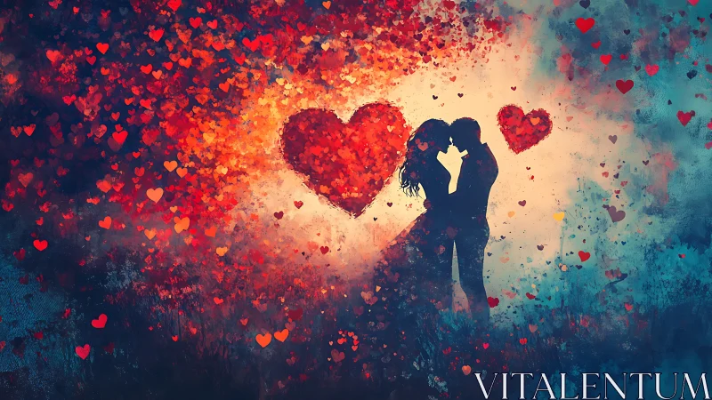 Silhouetted Couple Embracing Amid Volumetric Red Heart Particle Effects