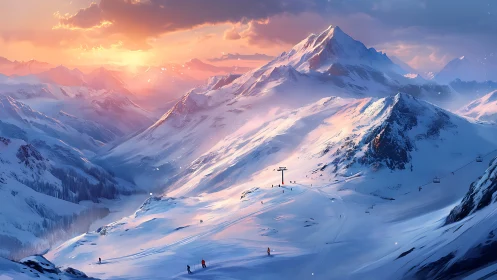 Snow covered alpine ski slopes under winter sunset light.