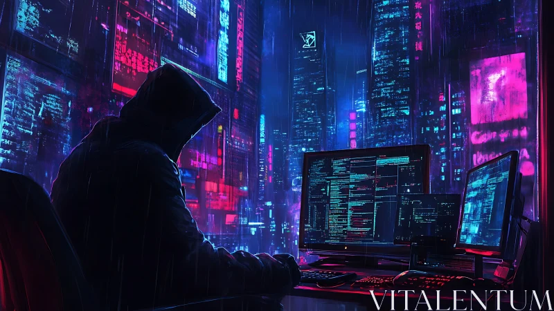 Neon storm hacker composing code in rainlit skyline glow.