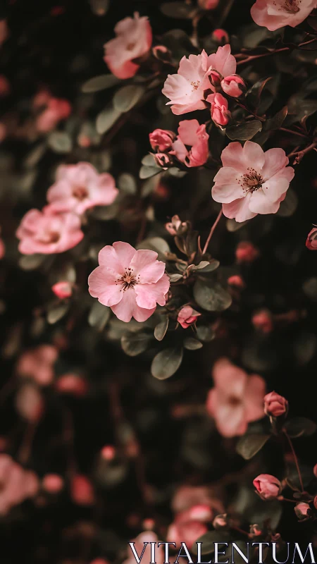 Pink roses bloom against dark background in natural light composition.
