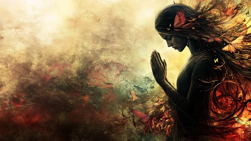 Praying woman amid swirling butterflies and firelit aura.