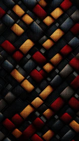 Textured geometric blocks in red, gold, and dark tones.
