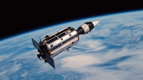 Satellite spacecraft in low Earth orbit above clouds.