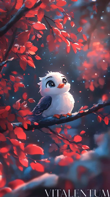 Tiny white songbird beneath glowing red autumn boughs.