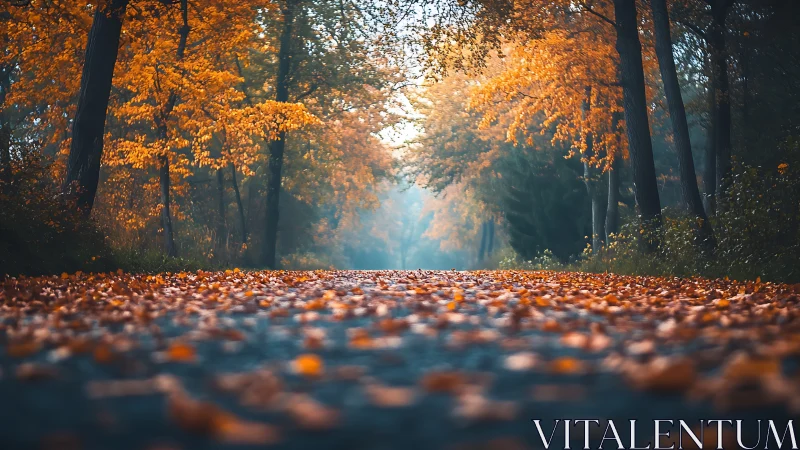 Autumn Forest Path: Golden Canopy and Fallen Leaves.