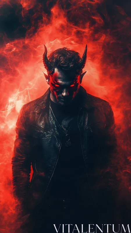 Horned humanoid figure in red smoke with leather jacket.