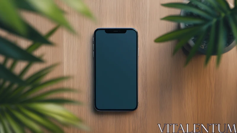 Smartphone on Wooden Surface with Botanical Framing Elements.