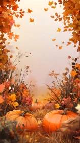 Pumpkins rest under swirling autumn leaves in misty field