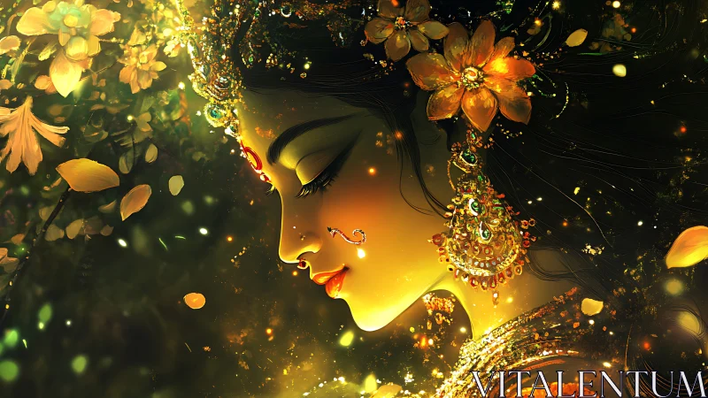 Side-profile portrait of ornate golden goddess figure