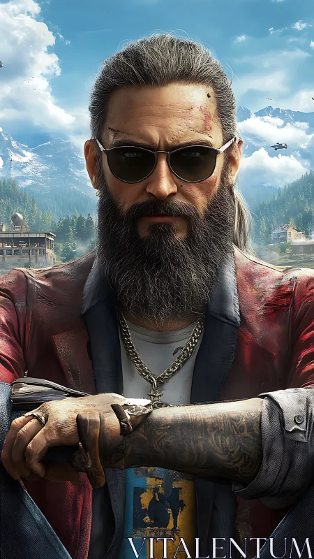 Bearded rebel rests in a mountain town after a hard fight