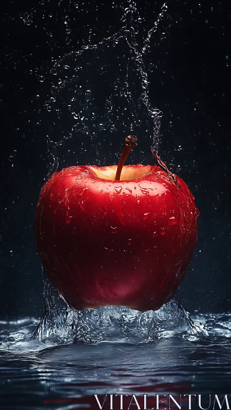 Red apple splashing through water against dark background.